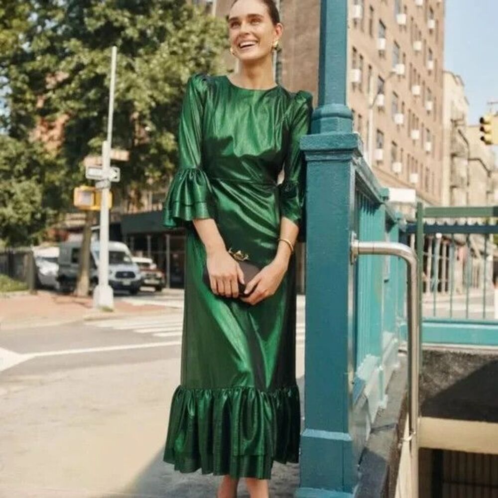 NEW Tuckernuck Dress Emerald Green Lillith Lurex Crinkle Midi Dress X LARGE - Picture 4 of 7